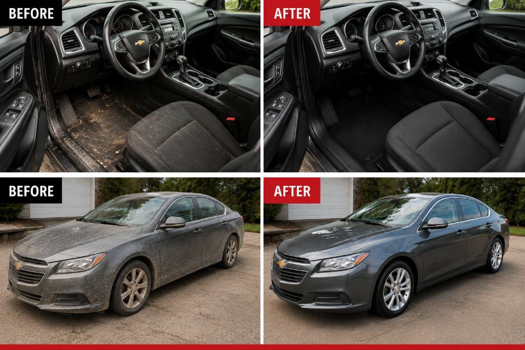 Chevy interior and exterior before and after detailing — dirty then clean