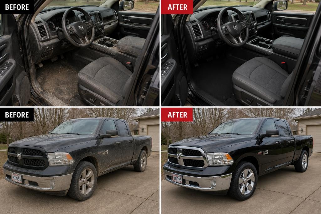 Car interior before and after detailing — same vehicle, dirty then clean